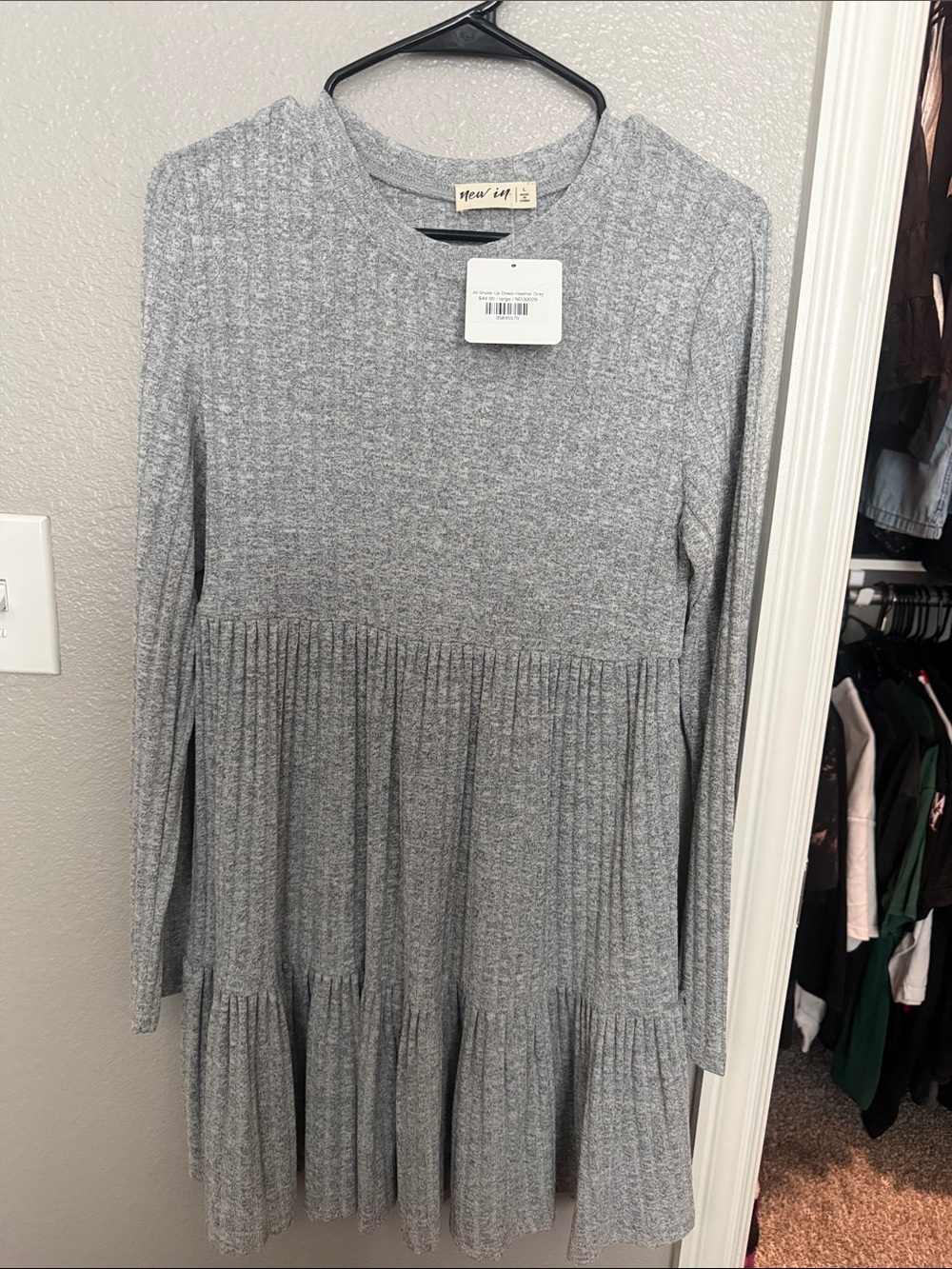 new day Gray Ribbed Long-Sleeve Tiered Midi Dress